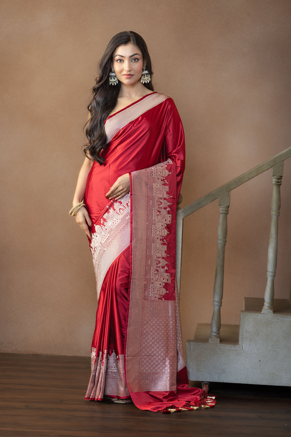 Crimson Maroon Mashru Katan Silk Ghats Saree