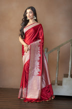Crimson Maroon Mashru Katan Silk Ghats Saree