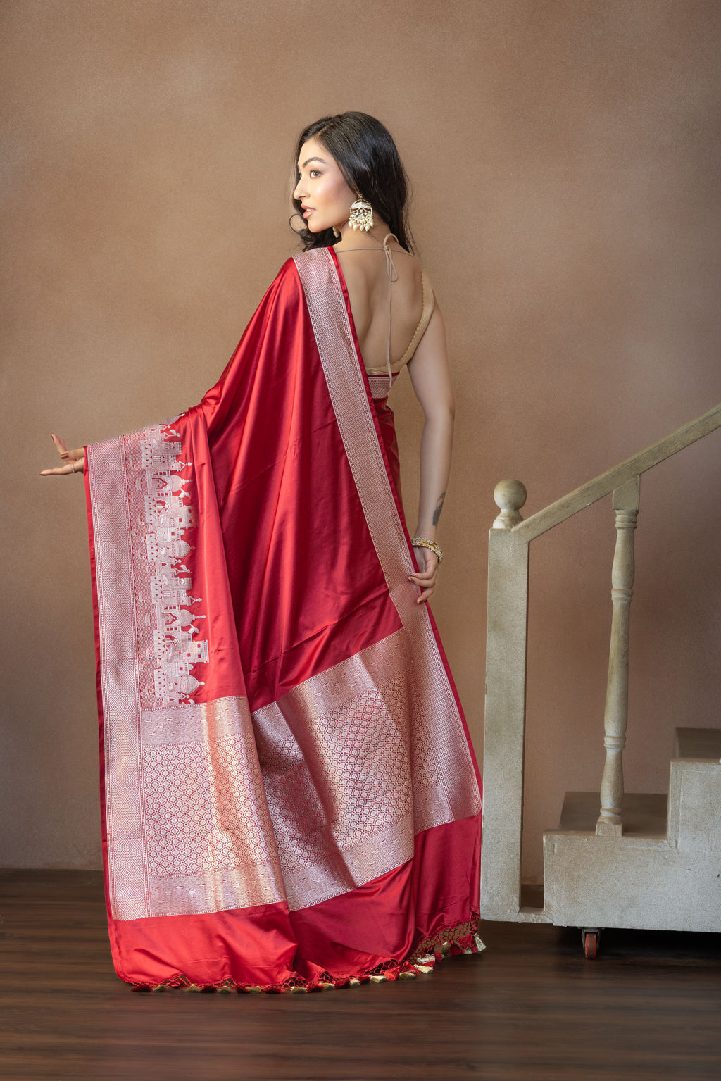 Crimson Maroon Mashru Katan Silk Ghats Saree