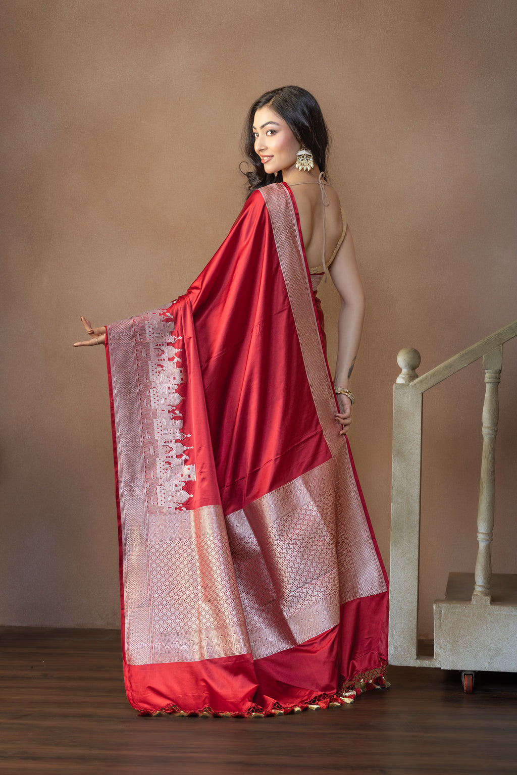 Crimson Maroon Mashru Katan Silk Ghats Saree
