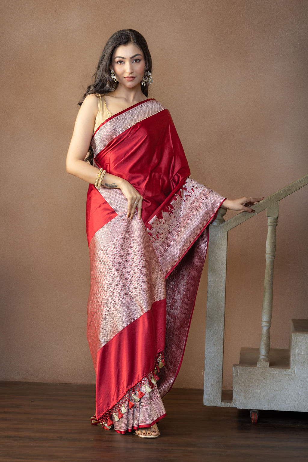 Crimson Maroon Mashru Katan Silk Ghats Saree