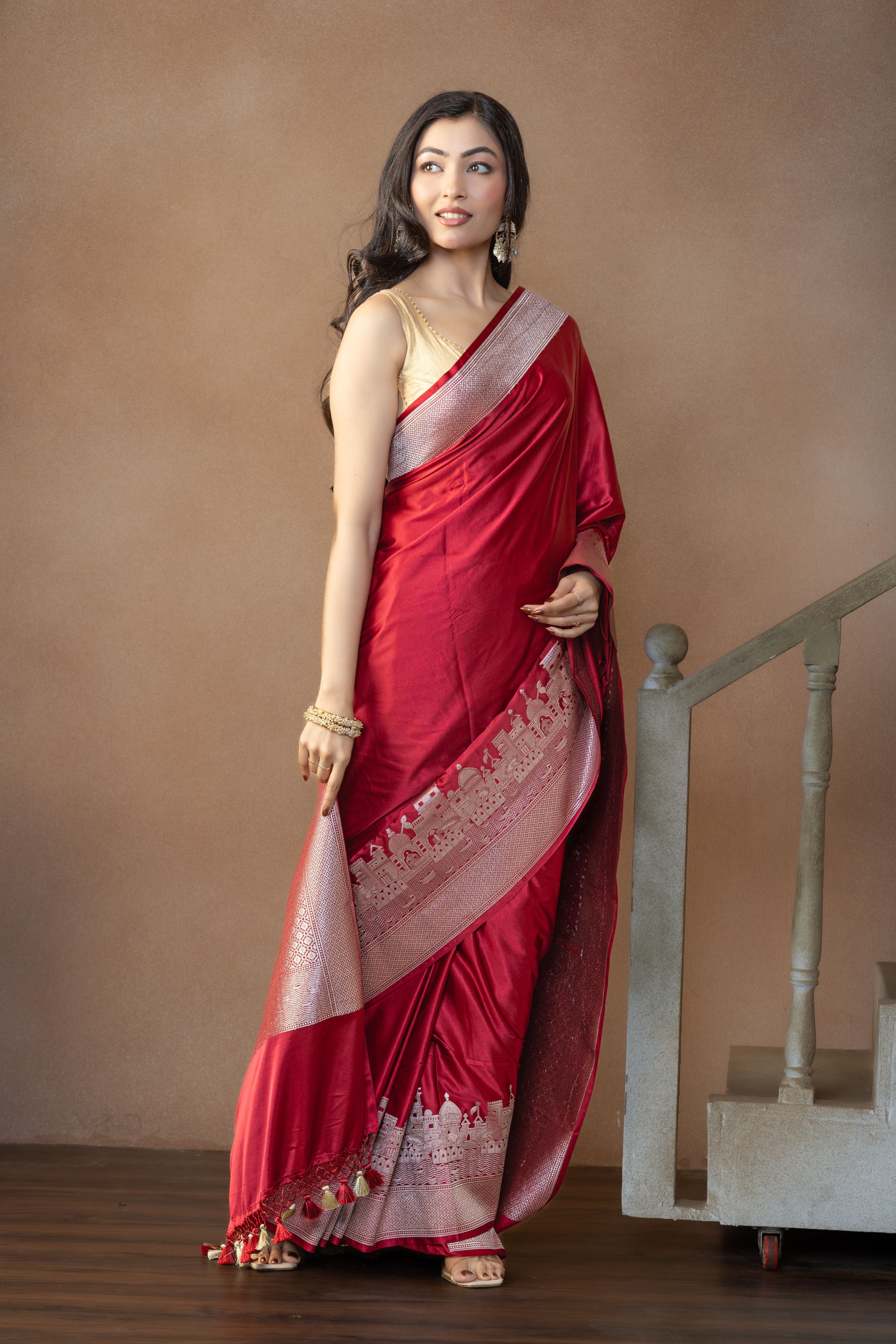 Crimson Maroon Mashru Katan Silk Ghats Saree