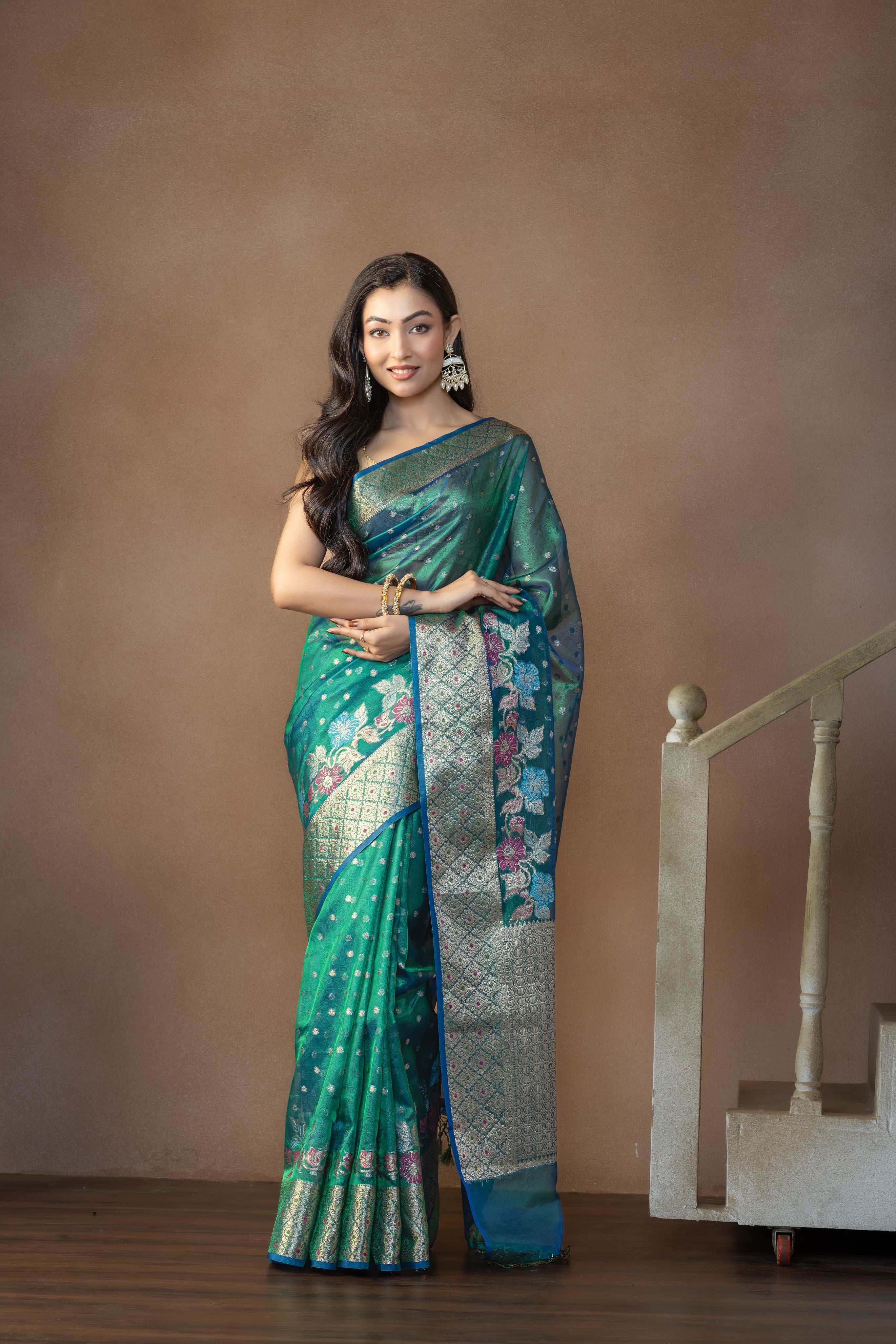 Peacock Shade Tissue Silk Meenakari Banarasi Saree