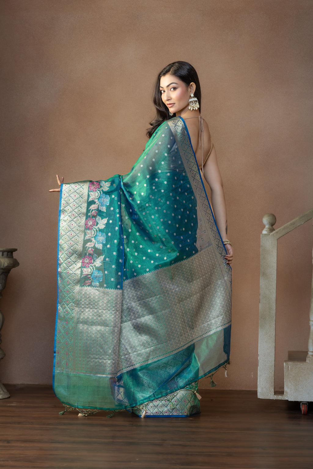 Peacock Shade Tissue Silk Meenakari Banarasi Saree