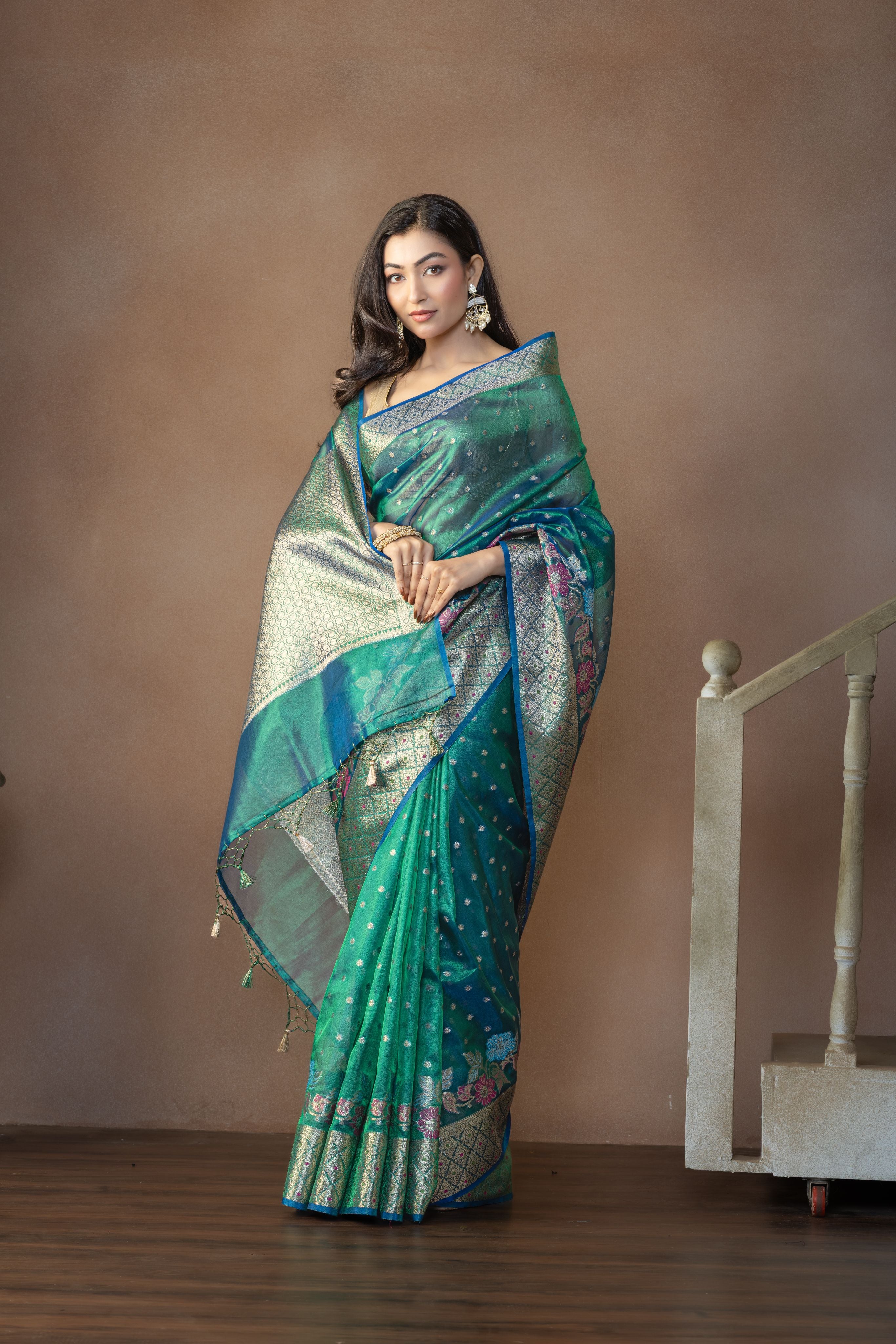 Peacock Shade Tissue Silk Meenakari Banarasi Saree