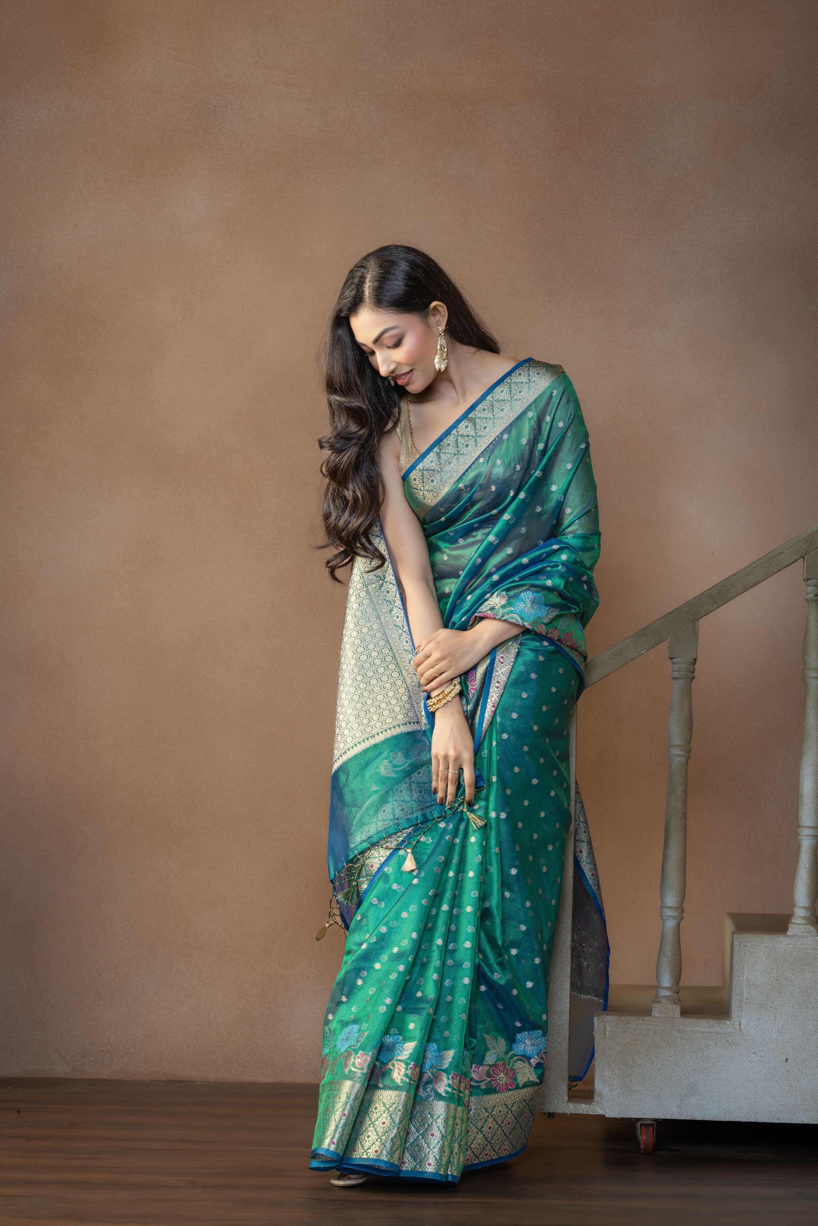 Peacock Shade Tissue Silk Meenakari Banarasi Saree