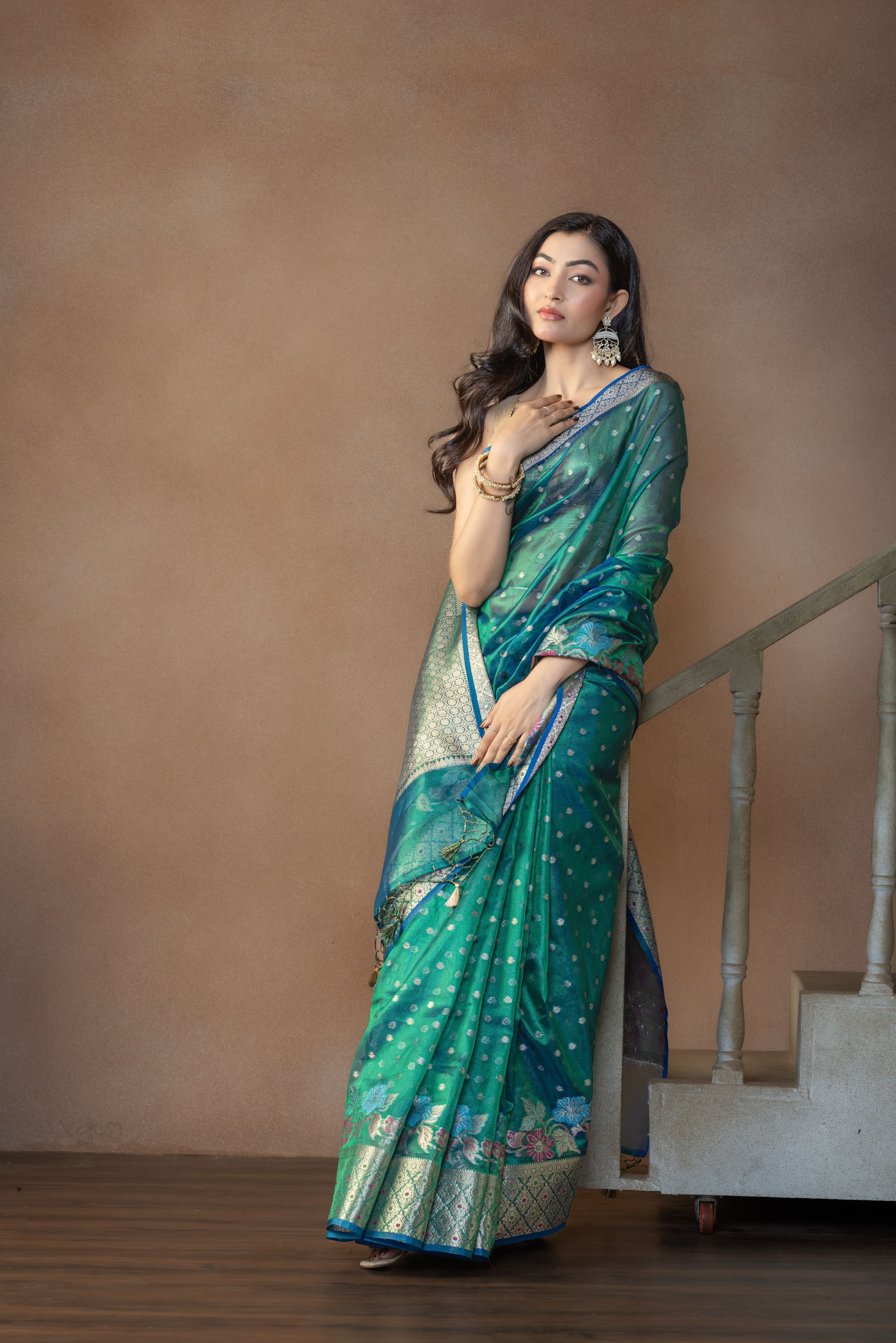 Peacock Shade Tissue Silk Meenakari Banarasi Saree