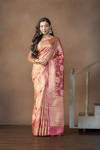 Rusted Pink Tissue Silk Jaal Weave Banarasi Saree | Rusted pink tissue silk Banarasi saree with intricate jaal weaving and lightweight drape