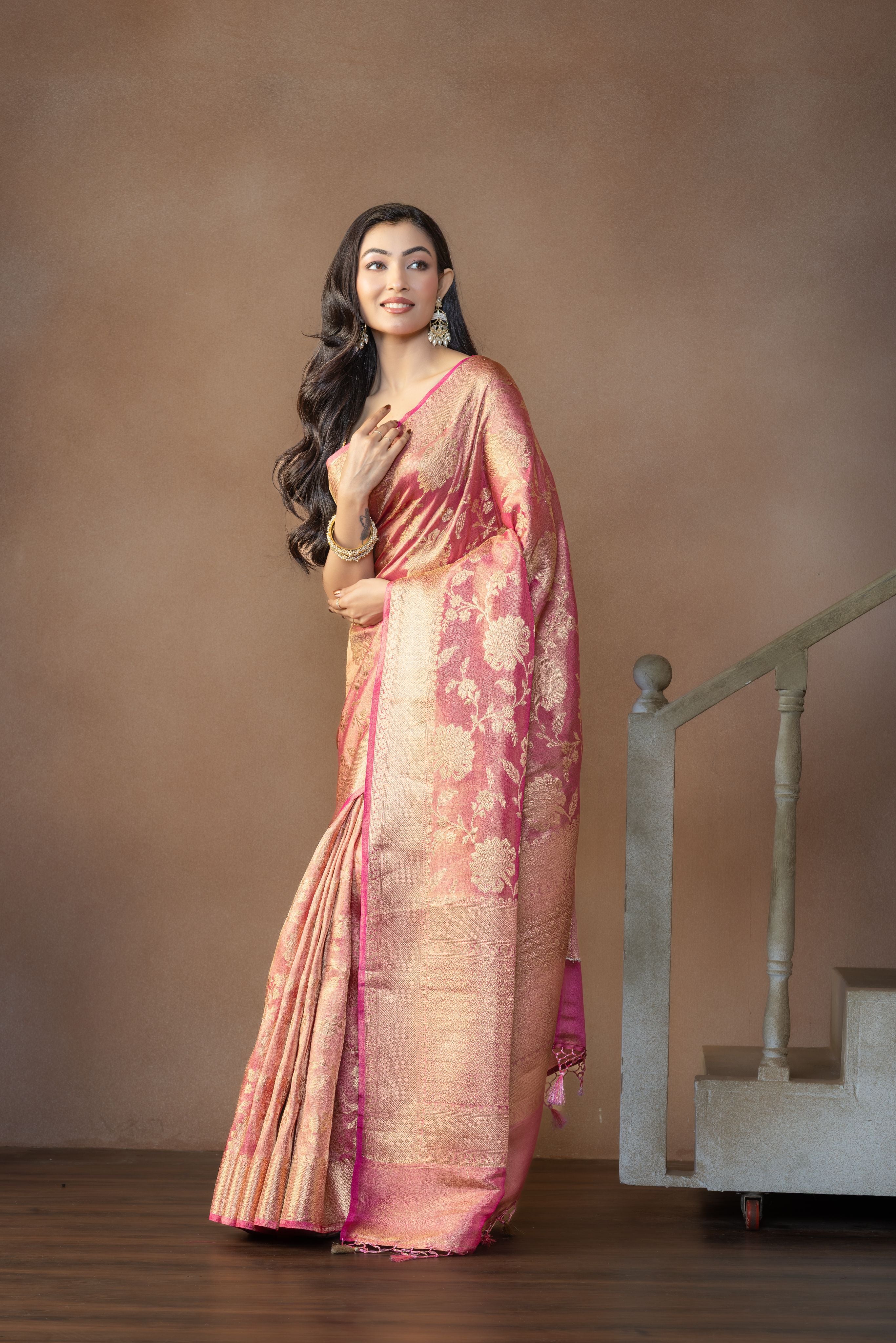 Rusted Pink Tissue Silk Jaal Weave Banarasi Saree | Rusted pink tissue silk Banarasi saree with intricate jaal weaving and lightweight drape