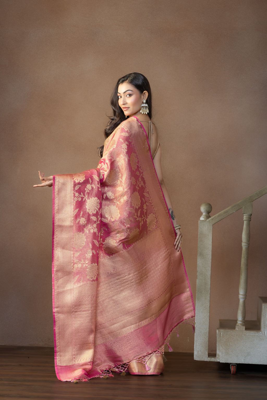 Rusted Pink Tissue Silk Jaal Weave Banarasi Saree | Rusted pink tissue silk Banarasi saree with intricate jaal weaving and lightweight drape