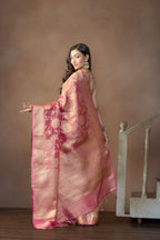 Rusted Pink Tissue Silk Jaal Weave Banarasi Saree | Rusted pink tissue silk Banarasi saree with intricate jaal weaving and lightweight drape