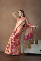 Rusted Pink Tissue Silk Jaal Weave Banarasi Saree | Rusted pink tissue silk Banarasi saree with intricate jaal weaving and lightweight drape
