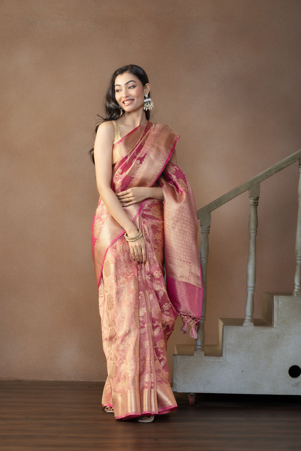 Rusted Pink Tissue Silk Jaal Weave Banarasi Saree | Rusted pink tissue silk Banarasi saree with intricate jaal weaving and lightweight drape