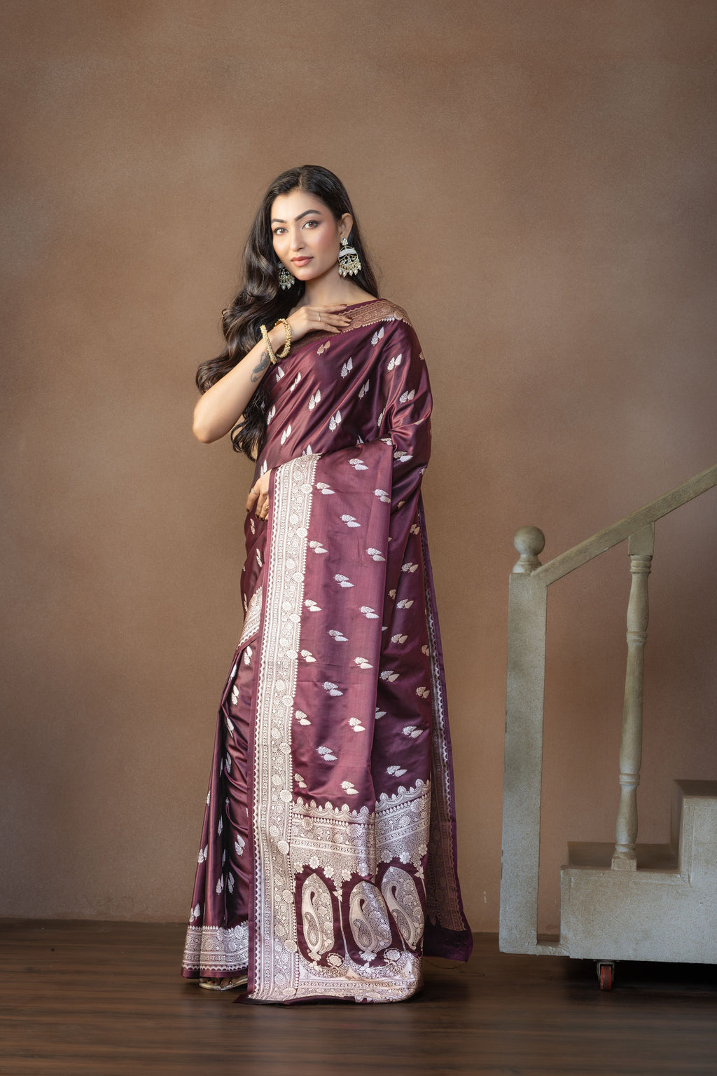 Dark Chocolate Mashru Katan Silk Banarasi Saree