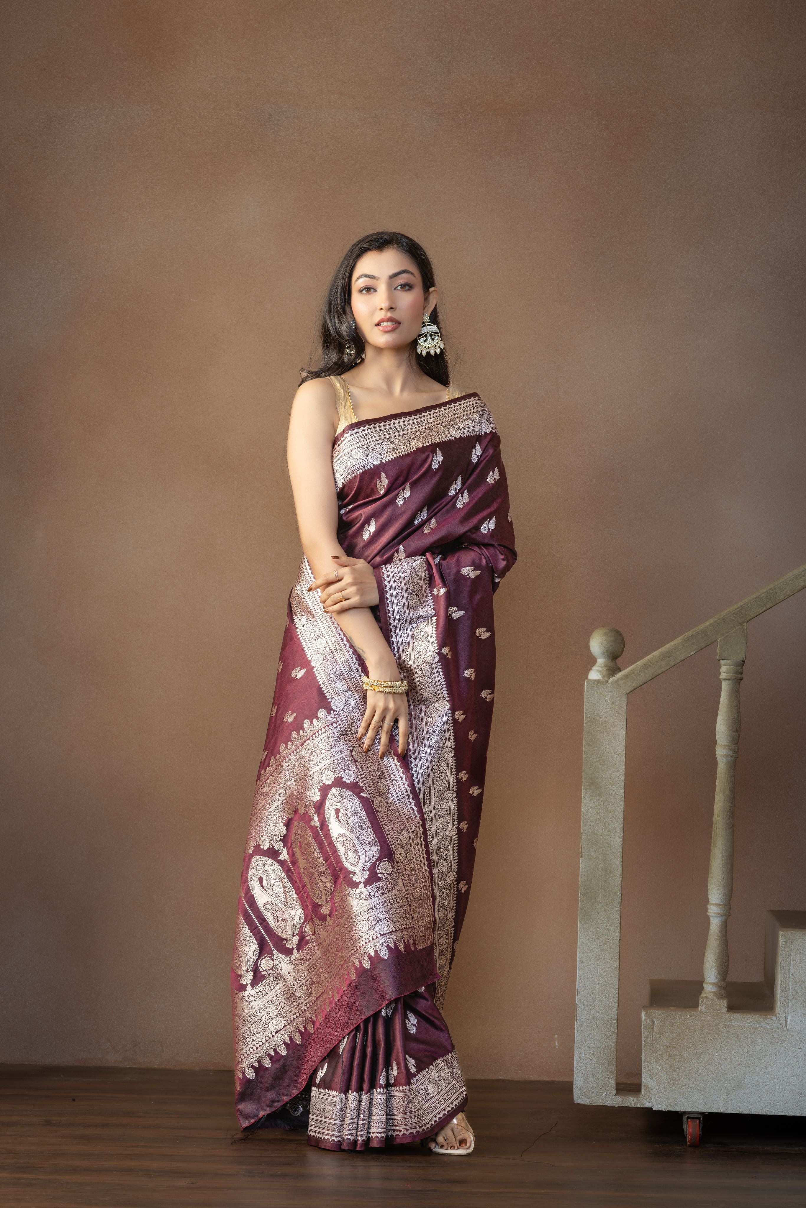 Dark Chocolate Mashru Katan Silk Banarasi Saree