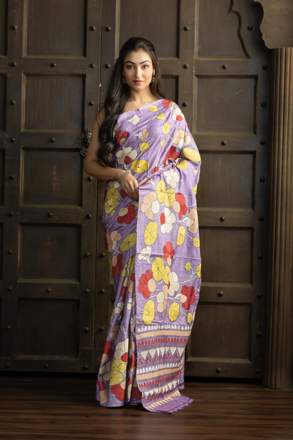 Exclusive Gachi by Gachi Tussar with Katha stitch in mauve base colour designer saree.
