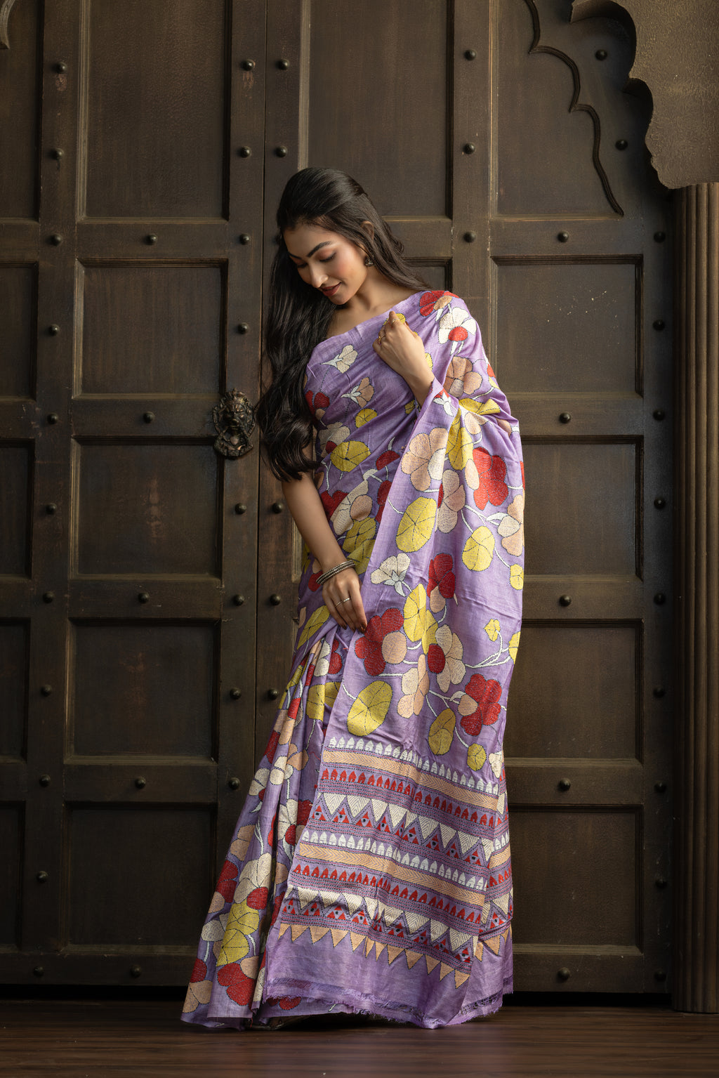 Exclusive Gachi by Gachi Tussar with Katha stitch in mauve base colour designer saree.
