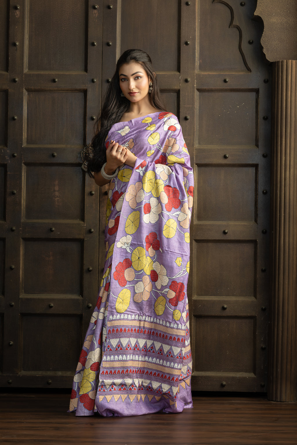 Exclusive Gachi by Gachi Tussar with Katha stitch in mauve base colour designer saree.