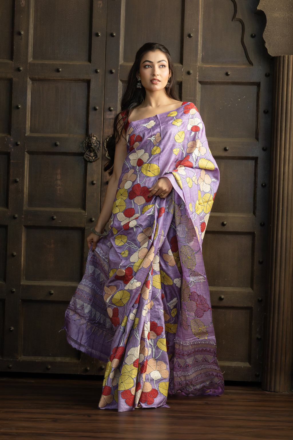Exclusive Gachi by Gachi Tussar with Katha stitch in mauve base colour designer saree.
