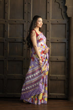 Exclusive Gachi by Gachi Tussar with Katha stitch in mauve base colour designer saree.