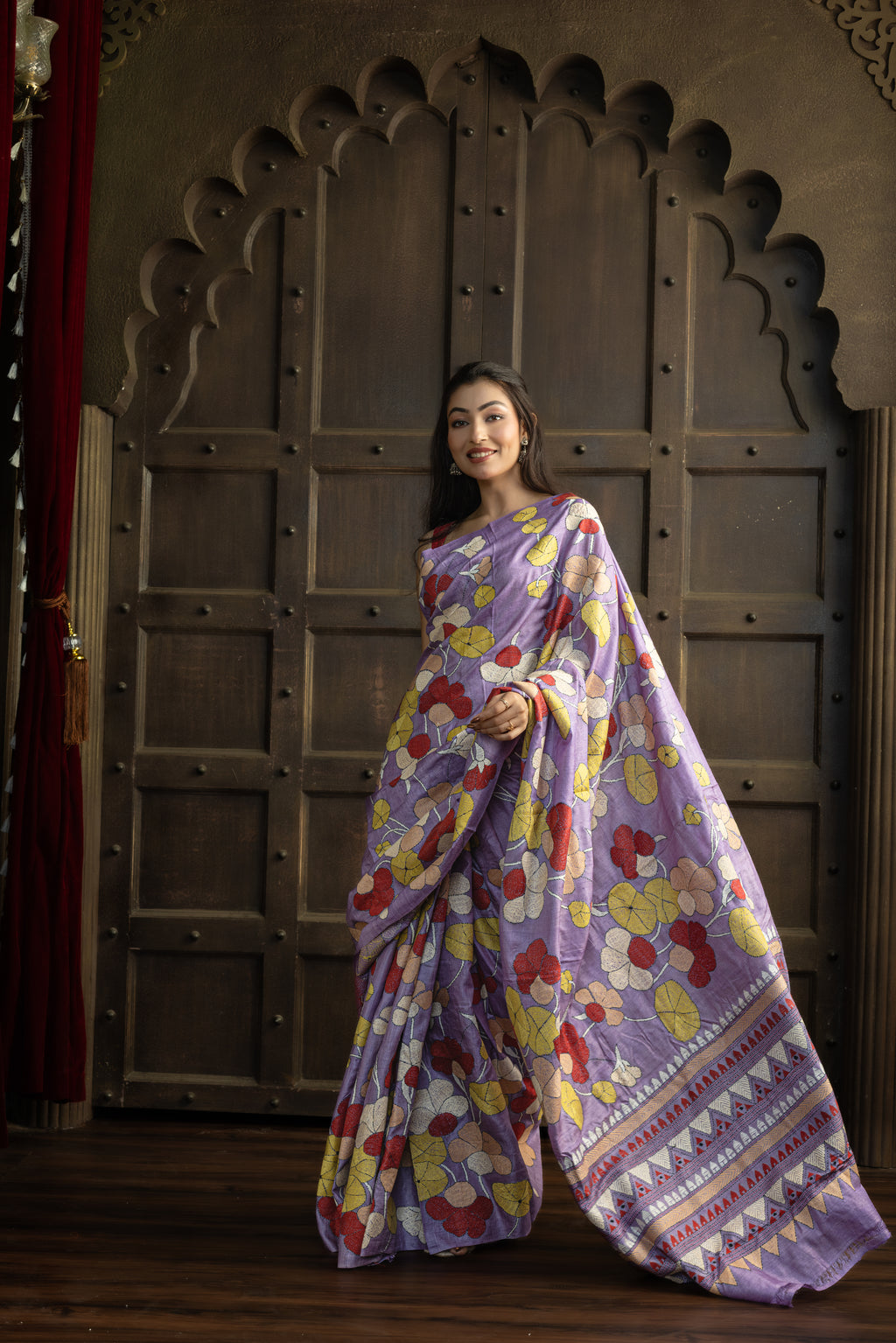 Exclusive Gachi by Gachi Tussar with Katha stitch in mauve base colour designer saree.