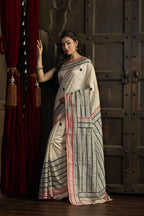 Gachi Tussar with multi colour Katha stitch and mirror work in beige base colour designer saree.