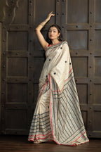 Gachi Tussar with multi colour Katha stitch and mirror work in beige base colour designer saree.