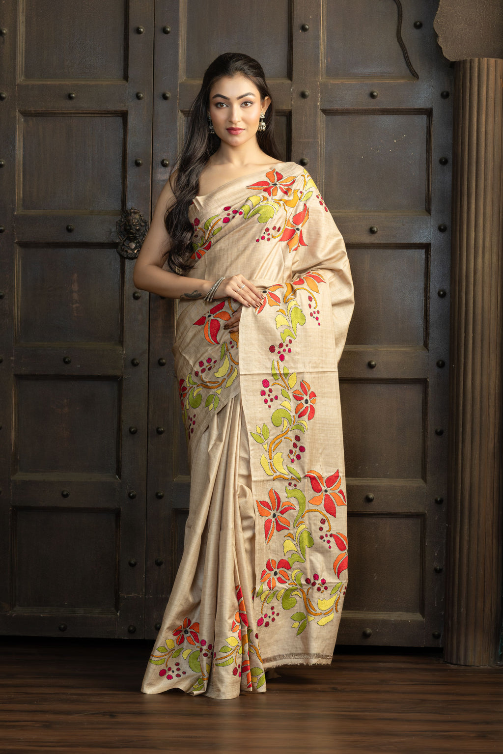 Gachi Tussar with Katha stitch multi colour work in beige base colour designer saree