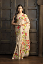 Gachi Tussar with Katha stitch multi colour work in beige base colour designer saree