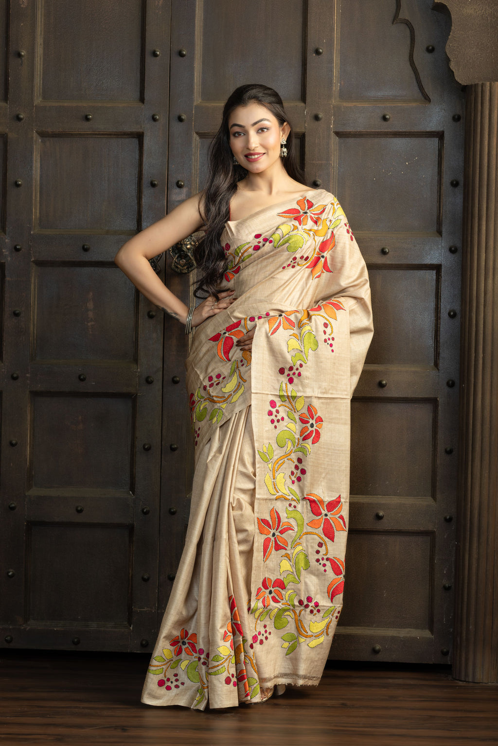 Gachi Tussar with Katha stitch multi colour work in beige base colour designer saree