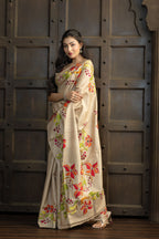 Gachi Tussar with Katha stitch multi colour work in beige base colour designer saree