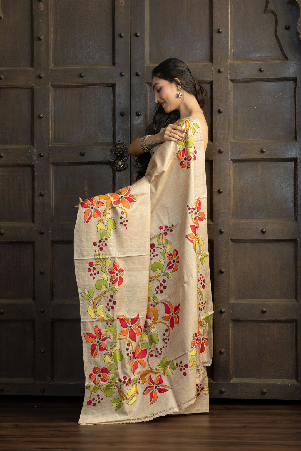 Gachi Tussar with Katha stitch multi colour work in beige base colour designer saree