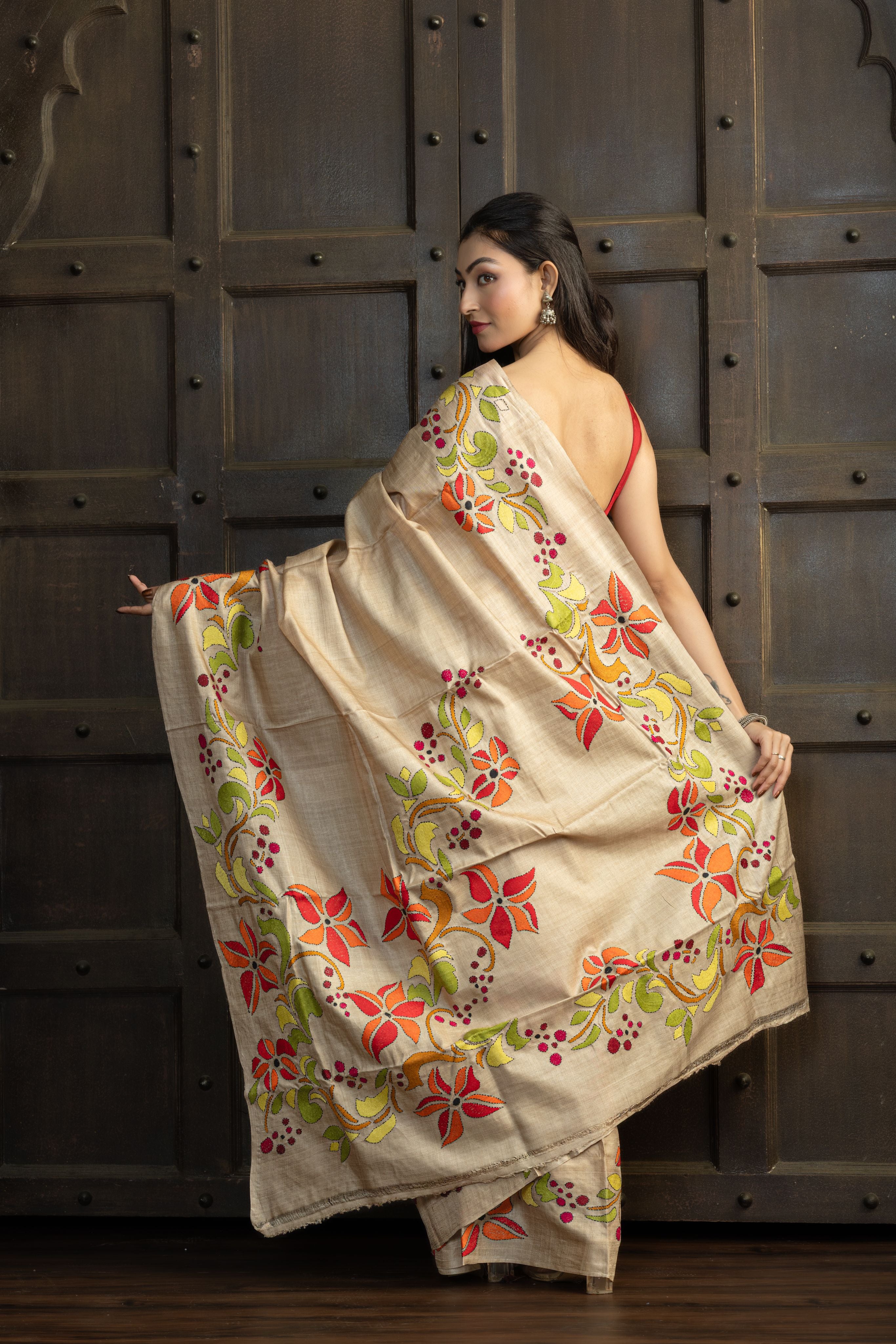 Gachi Tussar with Katha stitch multi colour work in beige base colour designer saree