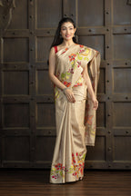 Gachi Tussar with Katha stitch multi colour work in beige base colour designer saree
