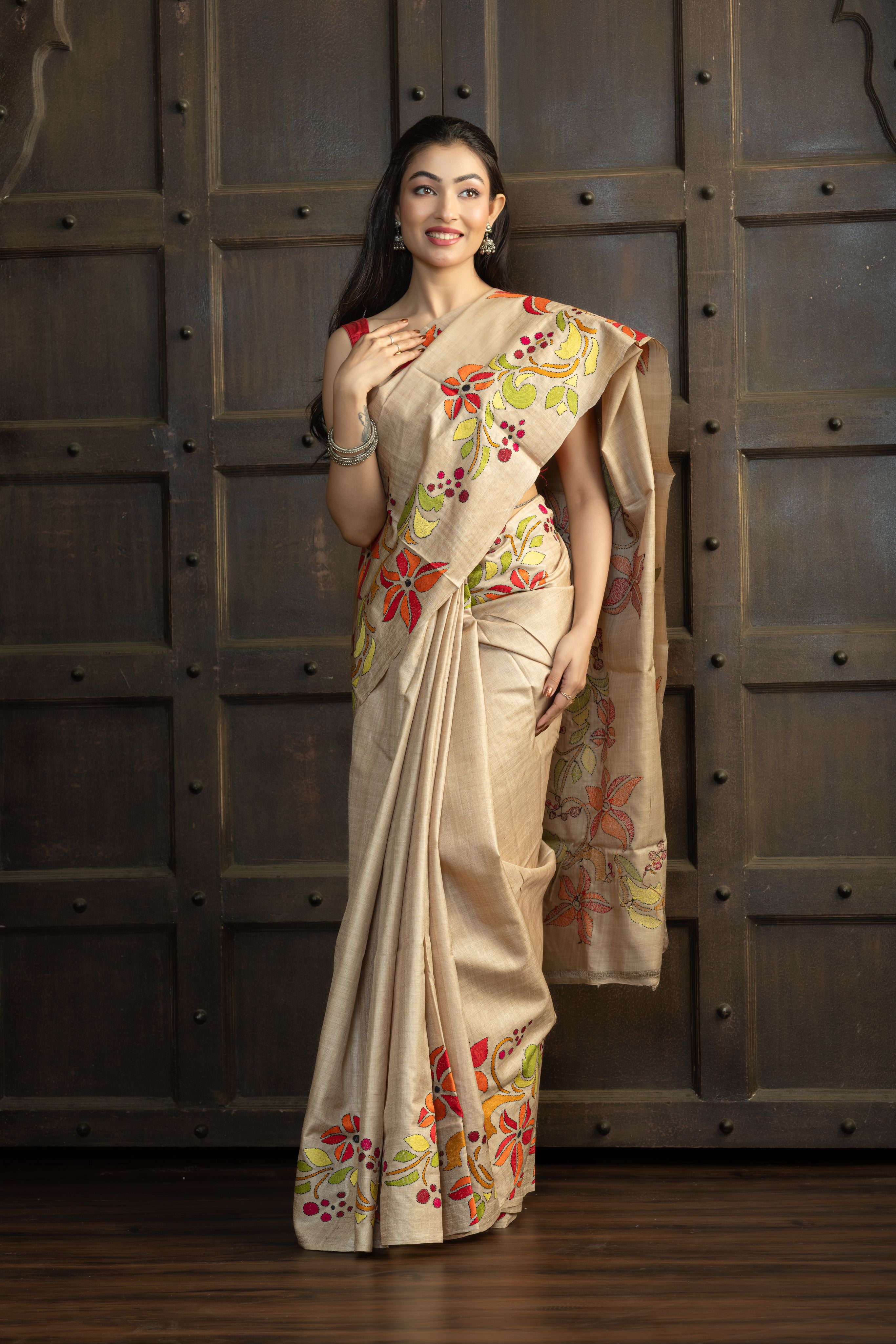 Gachi Tussar with Katha stitch multi colour work in beige base colour designer saree