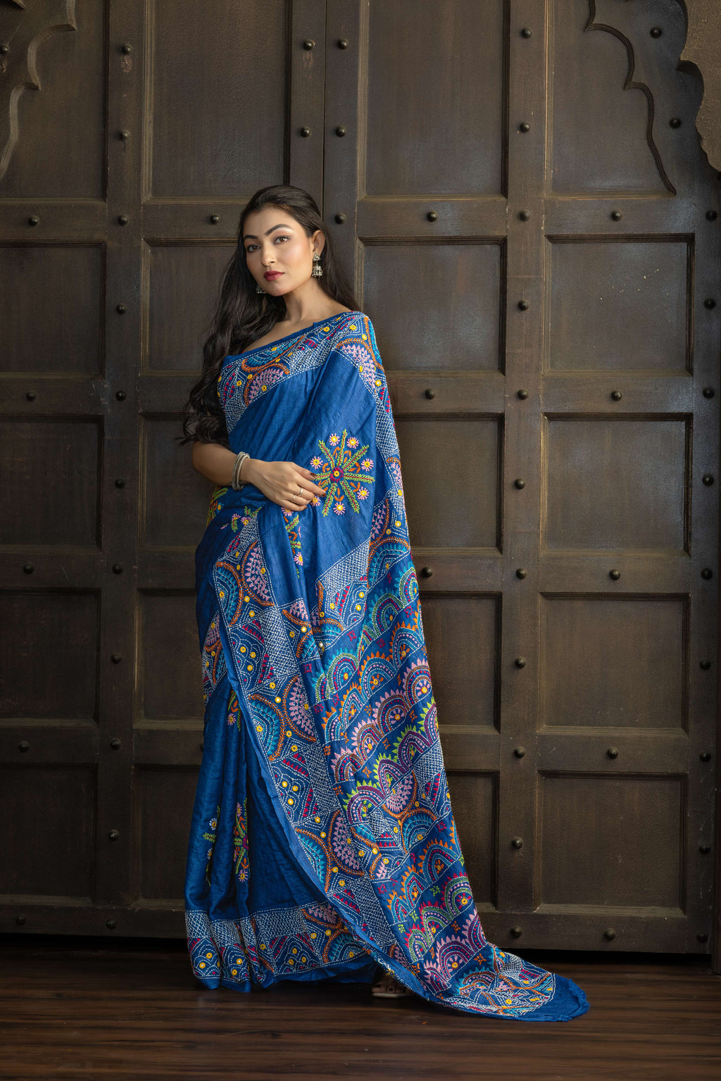 Exclusive Gachi by Gachi Tussar with Lambani mirror handwork in blue base colour designer saree