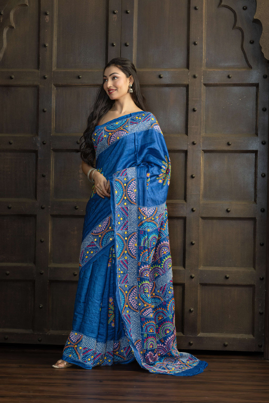 Exclusive Gachi by Gachi Tussar with Lambani mirror handwork in blue base colour designer saree