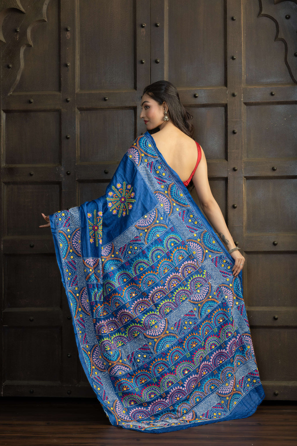 Exclusive Gachi by Gachi Tussar with Lambani mirror handwork in blue base colour designer saree