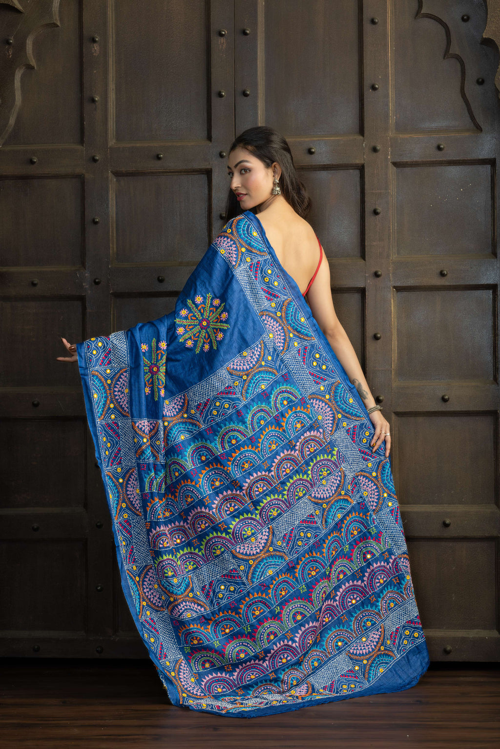 Exclusive Gachi by Gachi Tussar with Lambani mirror handwork in blue base colour designer saree
