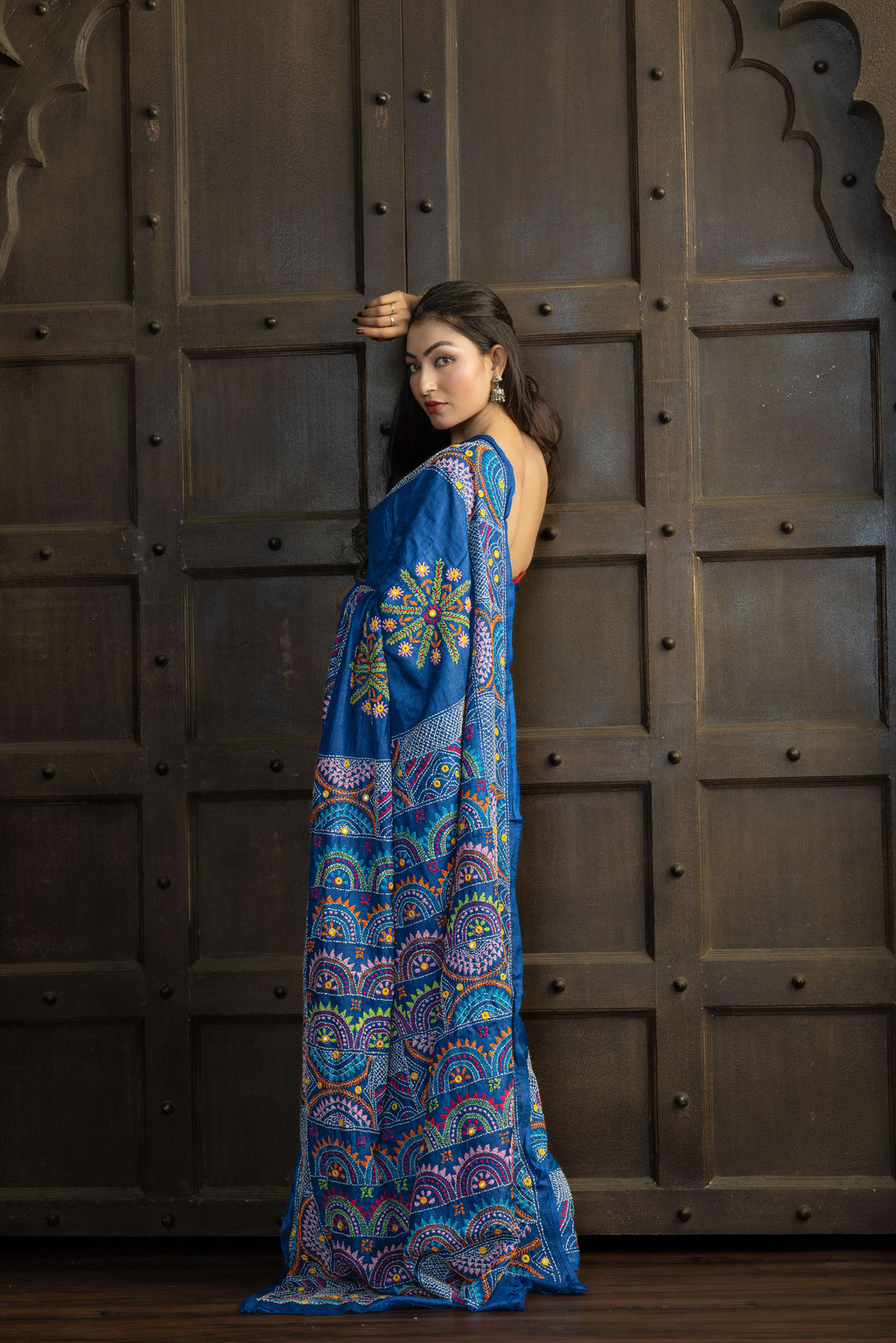 Exclusive Gachi by Gachi Tussar with Lambani mirror handwork in blue base colour designer saree