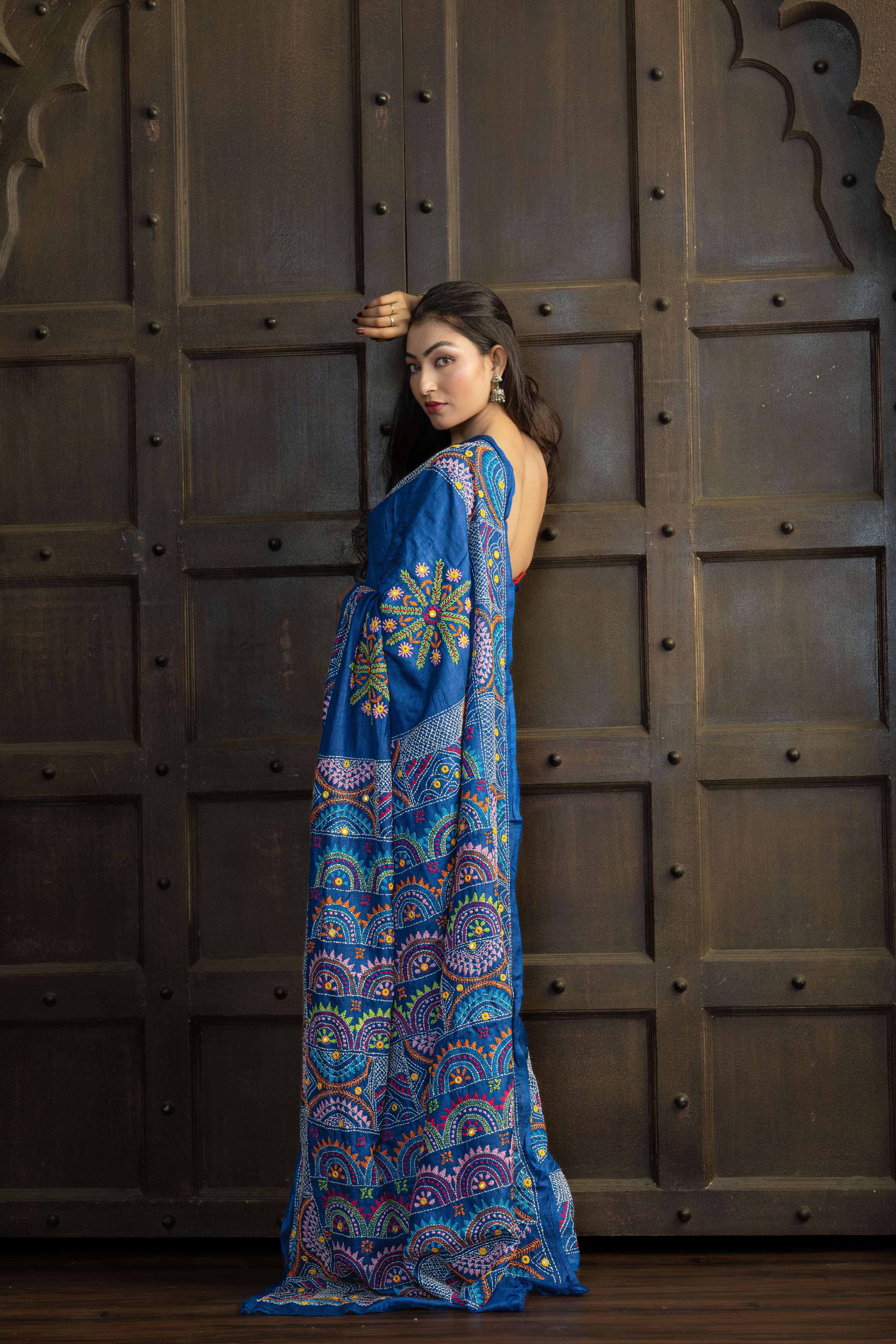 Exclusive Gachi by Gachi Tussar with Lambani mirror handwork in blue base colour designer saree