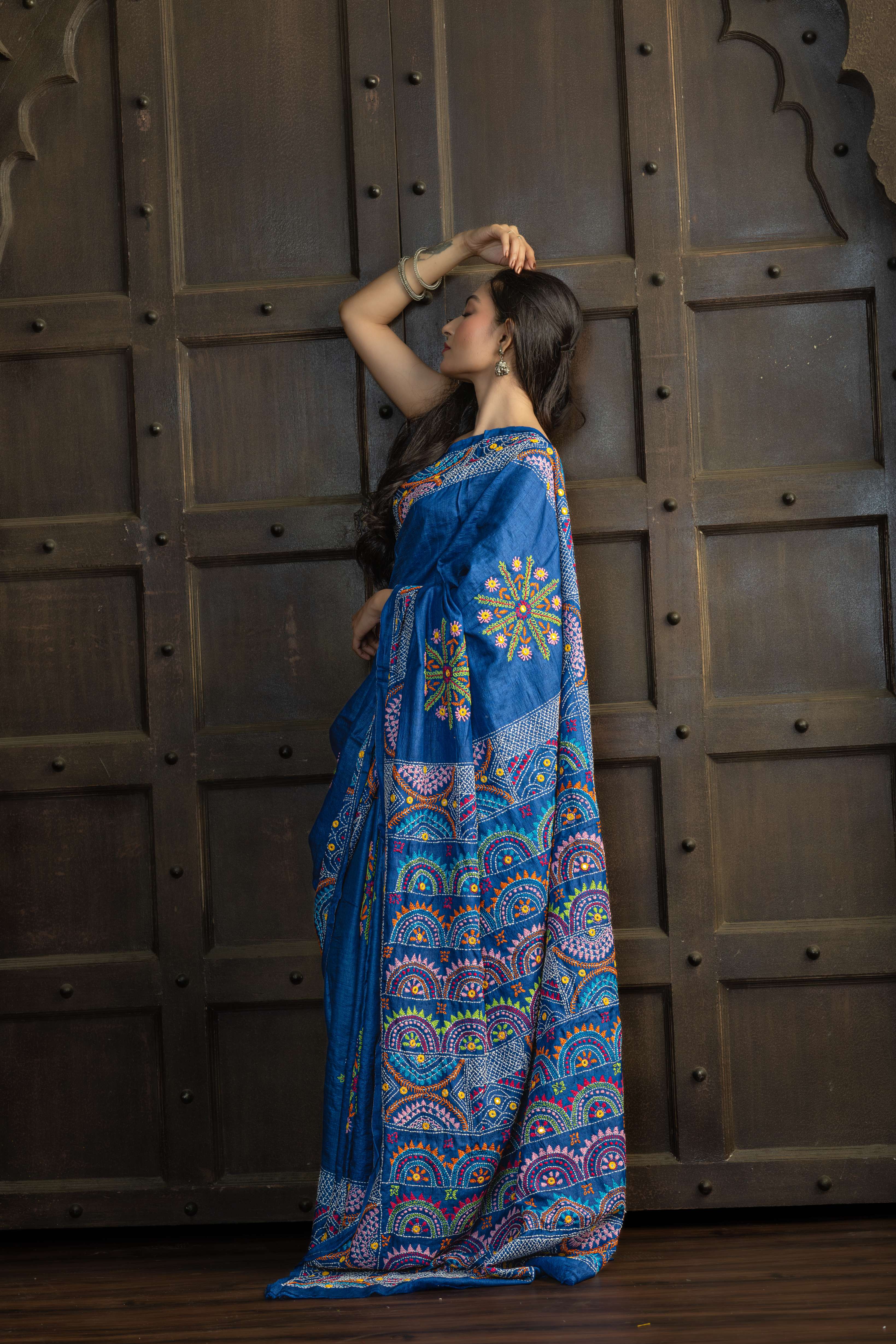 Exclusive Gachi by Gachi Tussar with Lambani mirror handwork in blue base colour designer saree