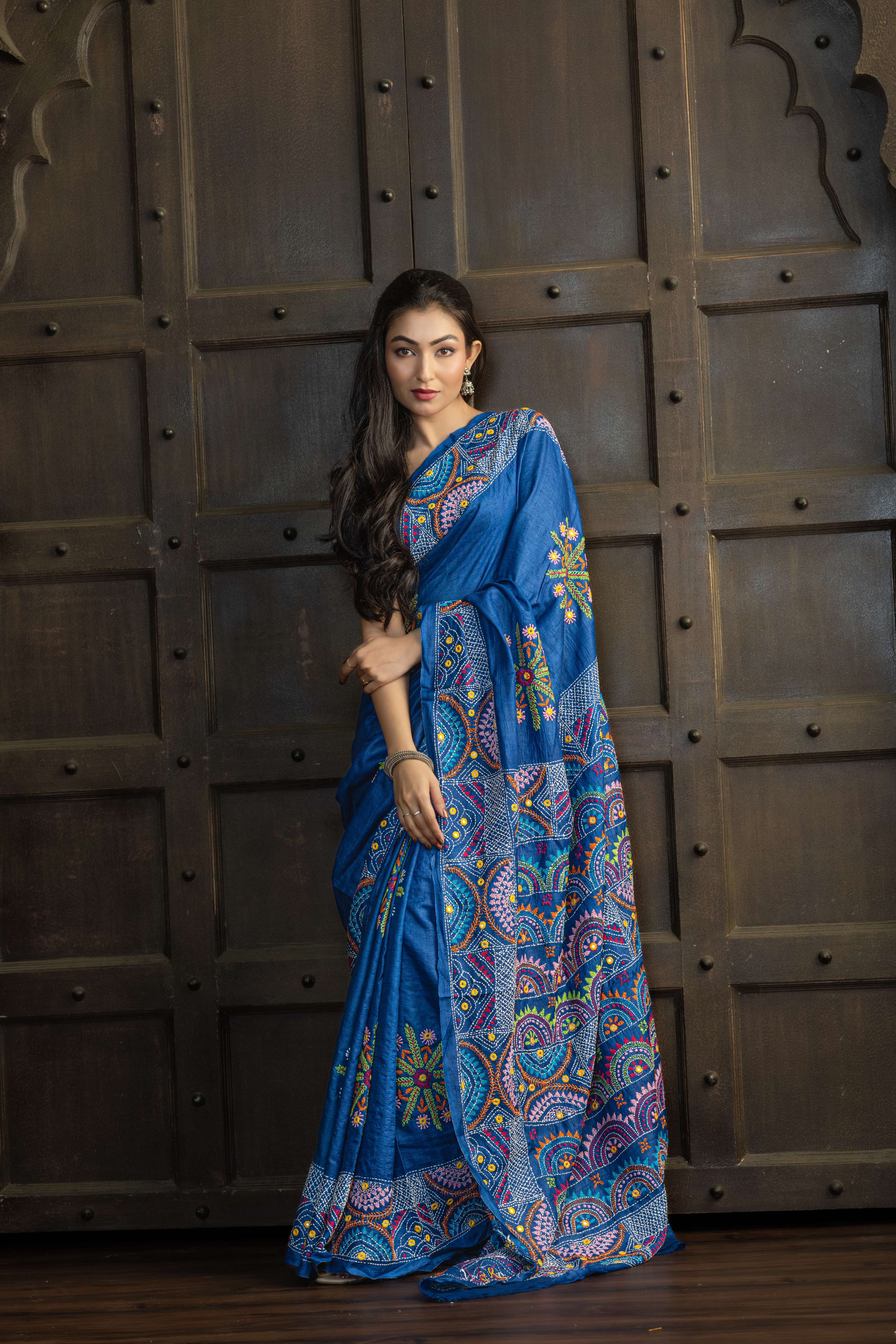 Exclusive Gachi by Gachi Tussar with Lambani mirror handwork in blue base colour designer saree