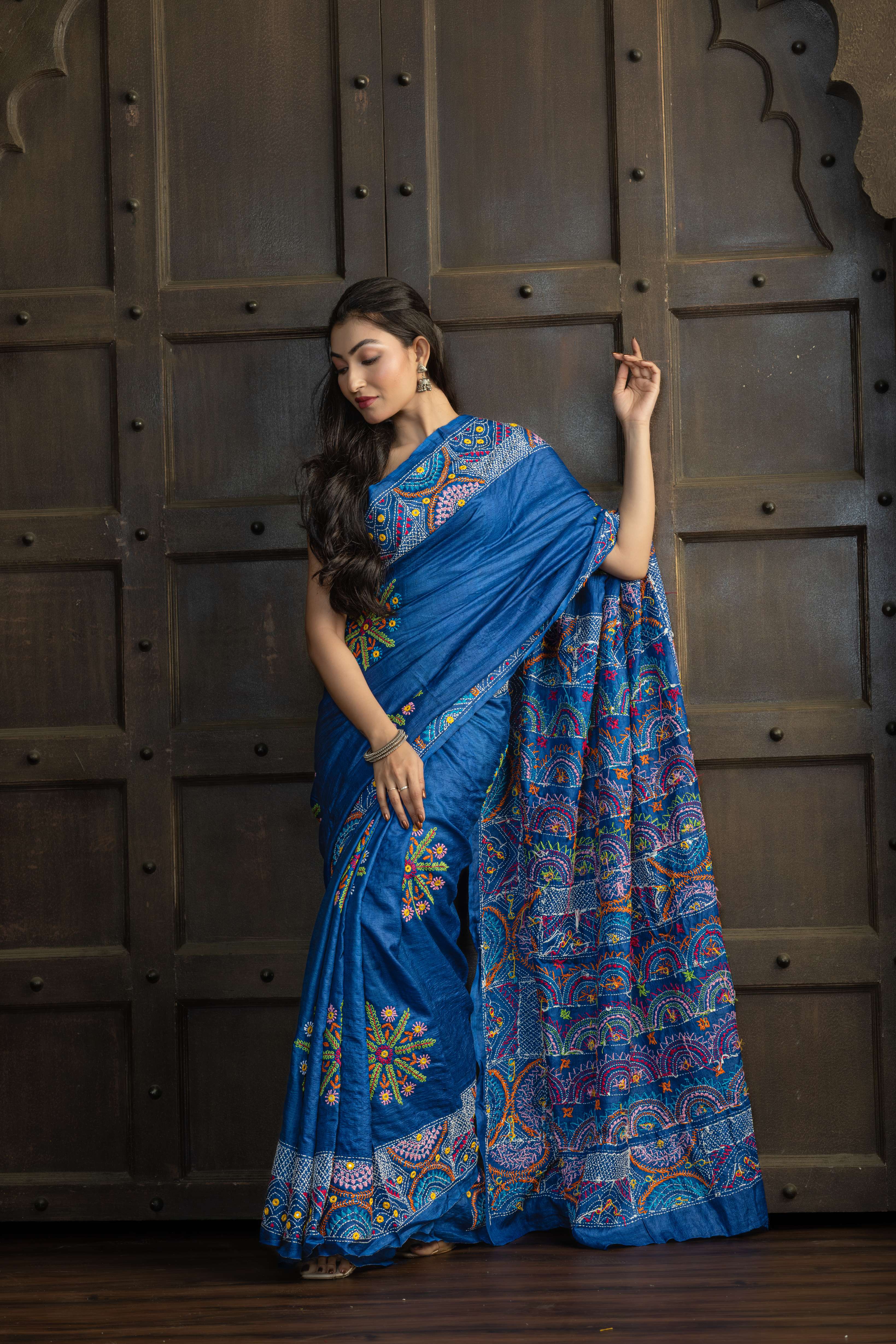 Exclusive Gachi by Gachi Tussar with Lambani mirror handwork in blue base colour designer saree