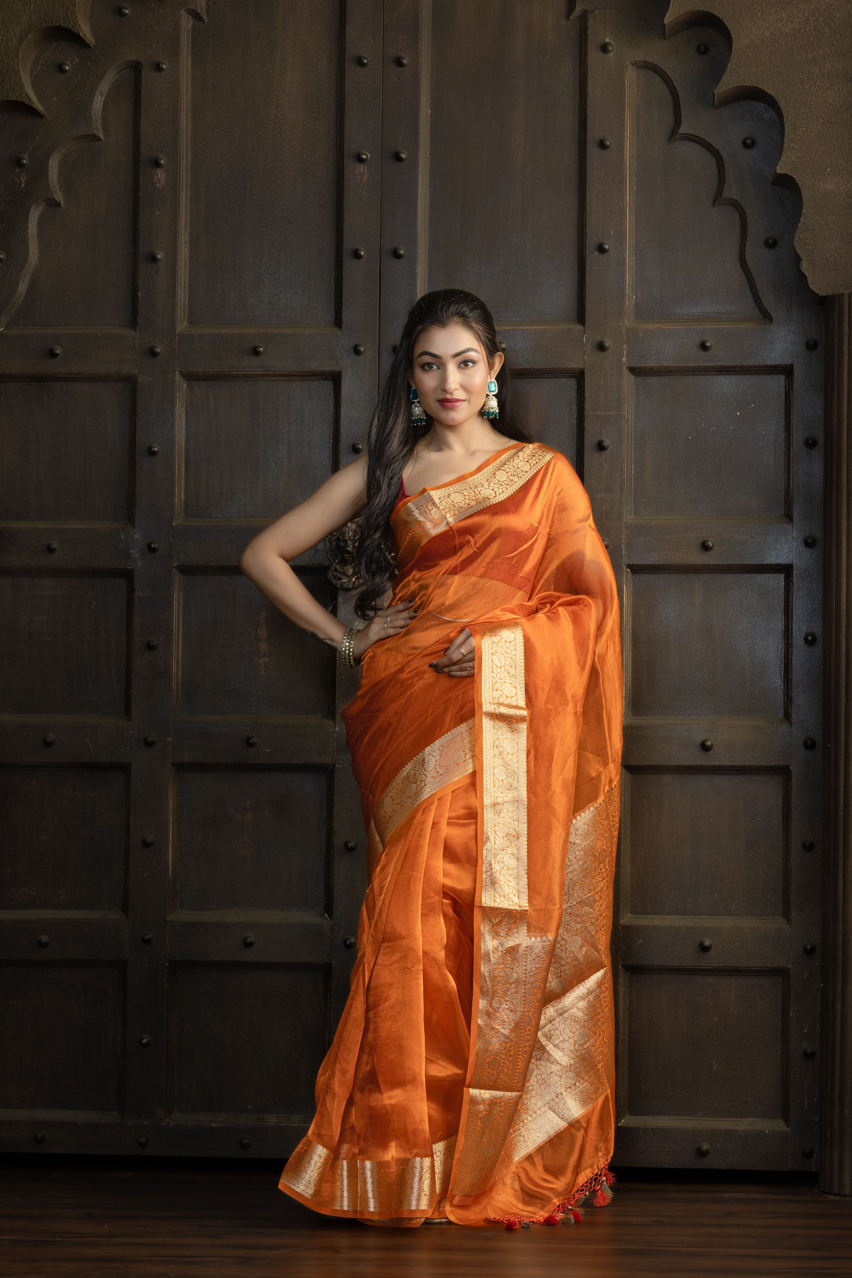 Metallic Orange Pure Tissue Silk Banarasi Saree