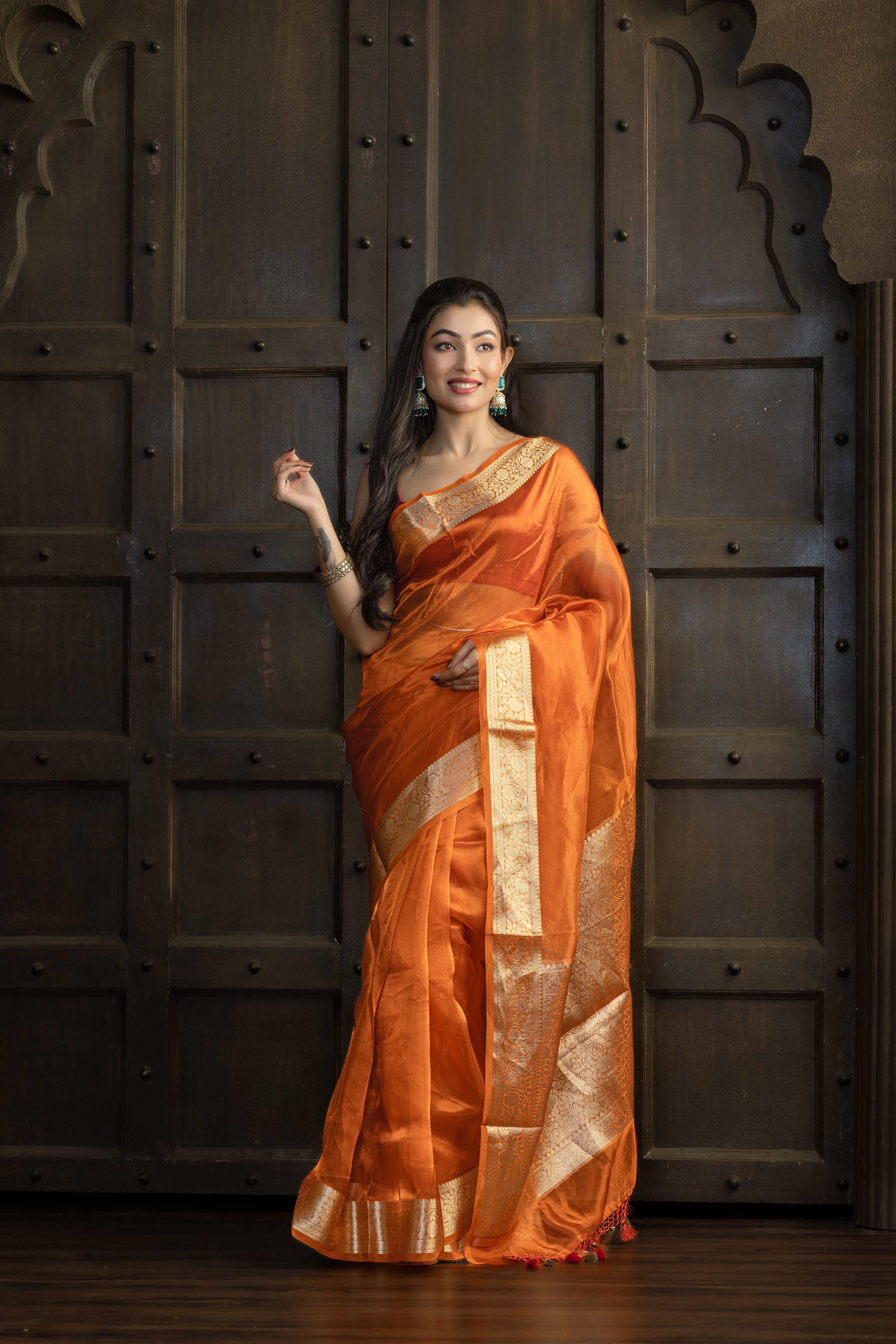 Metallic Orange Pure Tissue Silk Banarasi Saree