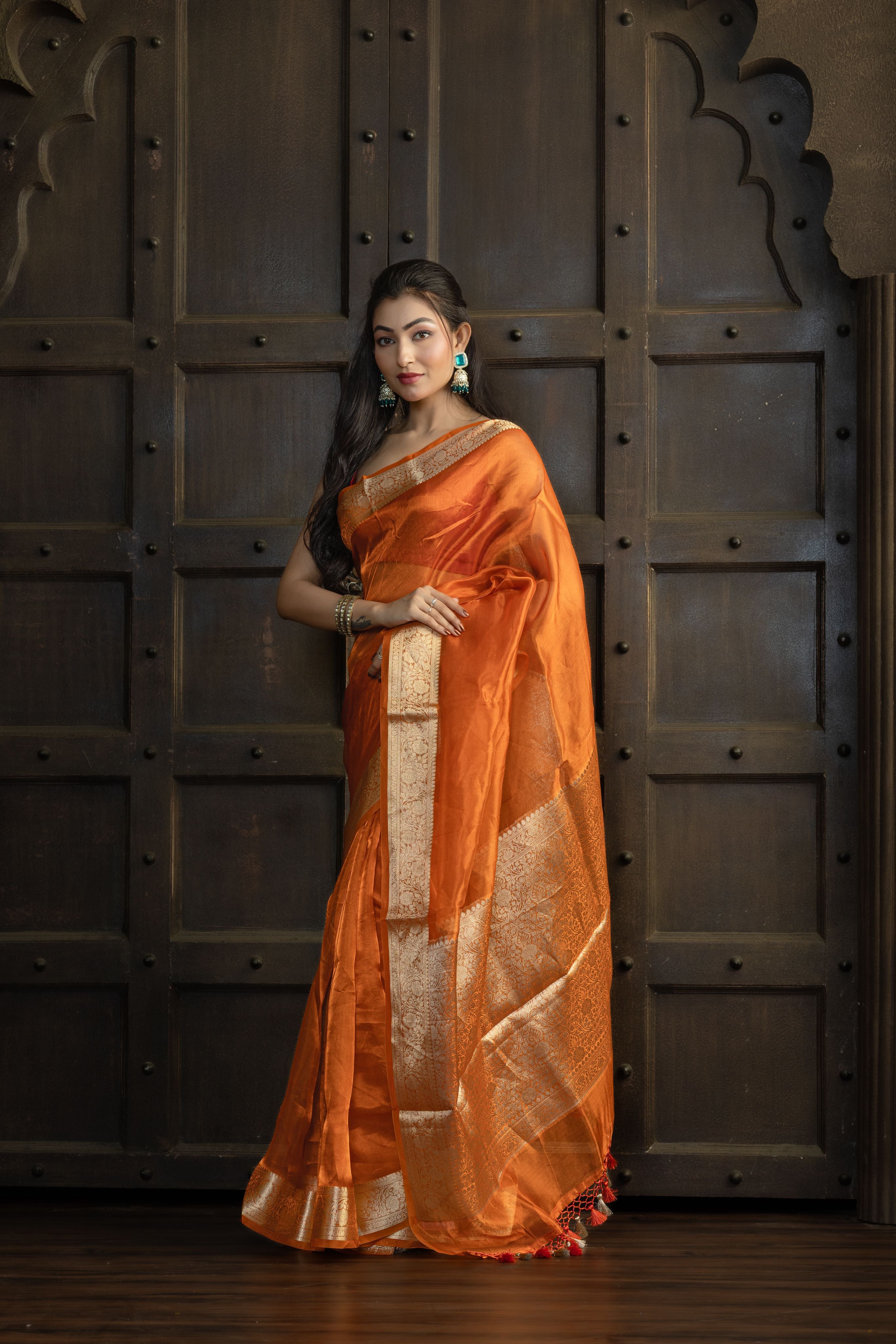 Metallic Orange Pure Tissue Silk Banarasi Saree