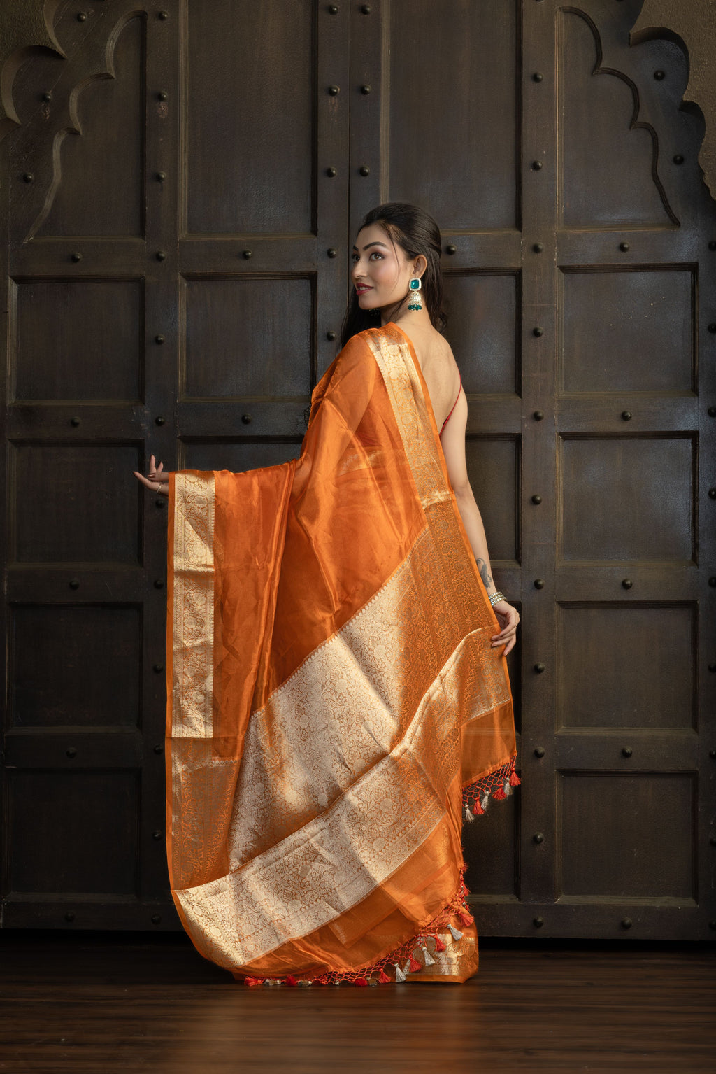 Metallic Orange Pure Tissue Silk Banarasi Saree