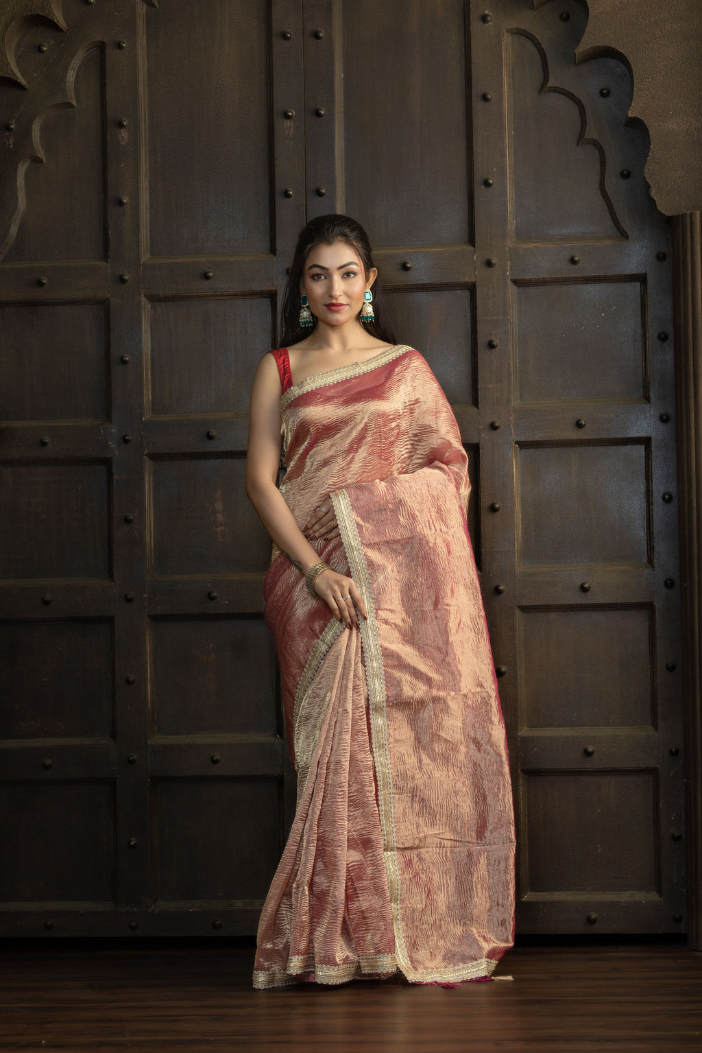 Elegant Tissue Crush Saree | Elegant tissue crush Banarasi saree with soft sheen and lace border.