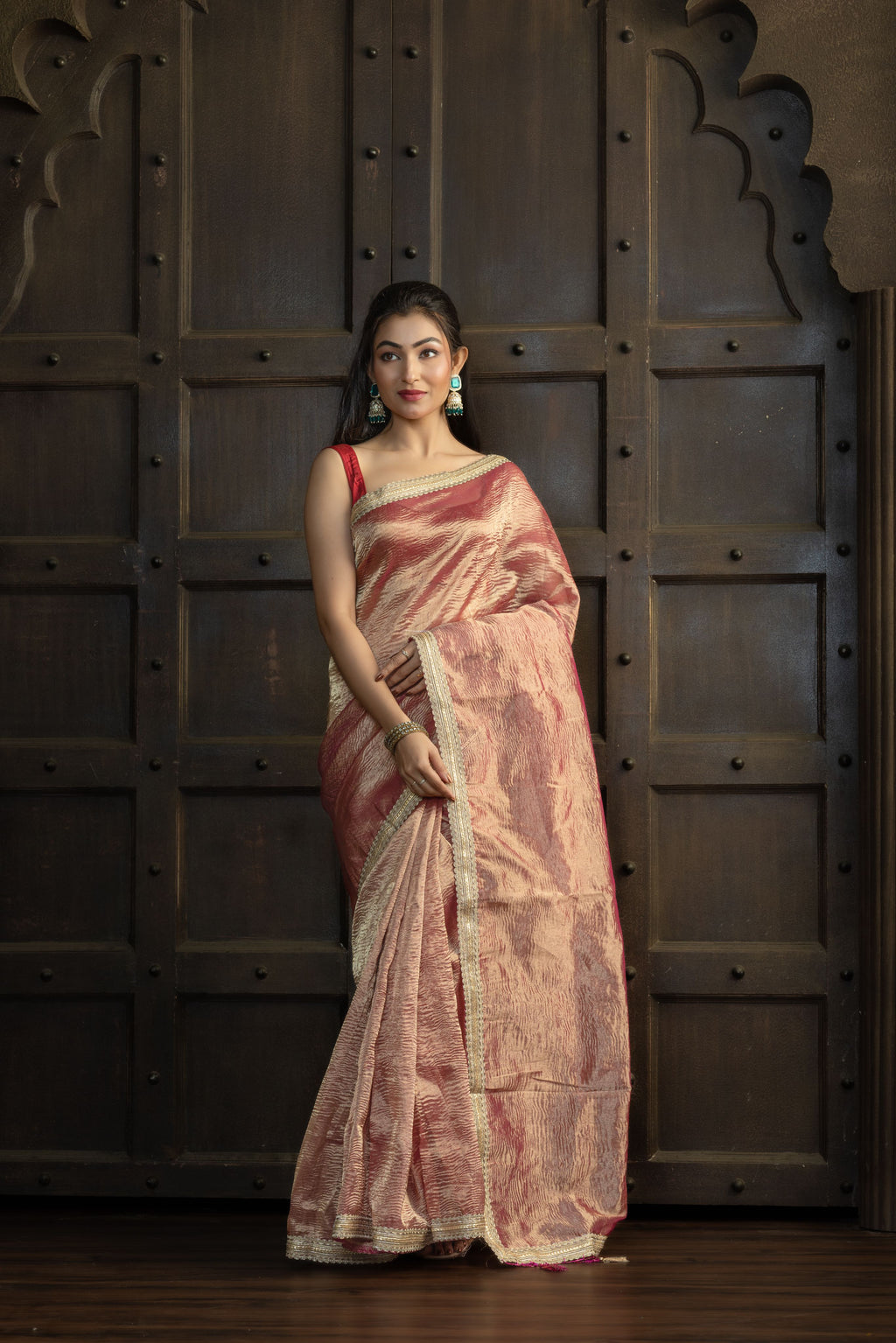 Elegant Tissue Crush Saree | Elegant tissue crush Banarasi saree with soft sheen and lace border.